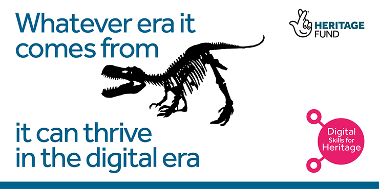 Dinosaur image with text: Whatever era it comes from, it can thrive in the digital era