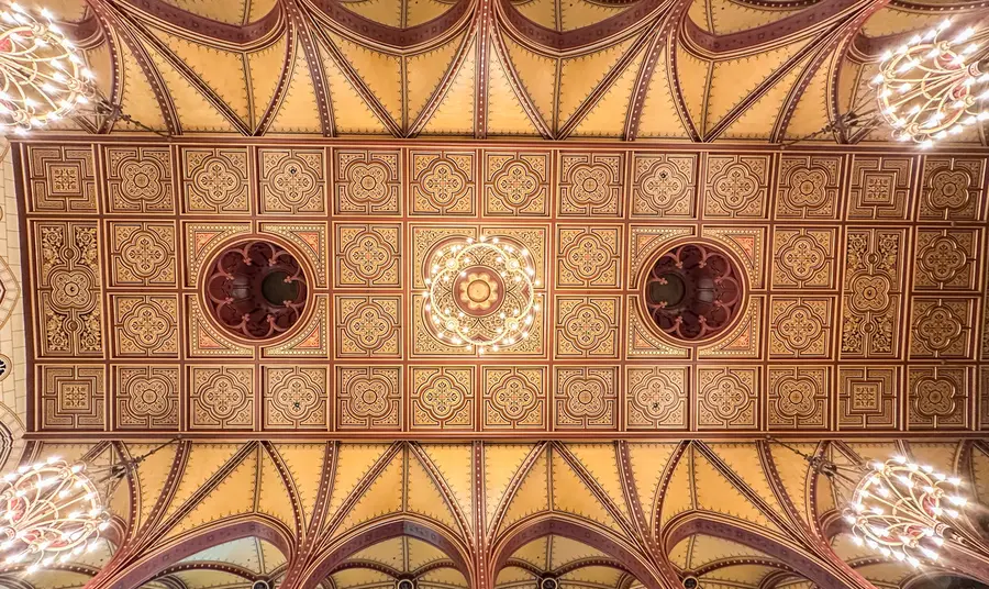 The Connaught Hall with its spectacular William Burges ceiling. Intricate ceiling by William Burges at Cannaught Hall at Maison Dieu Dover.