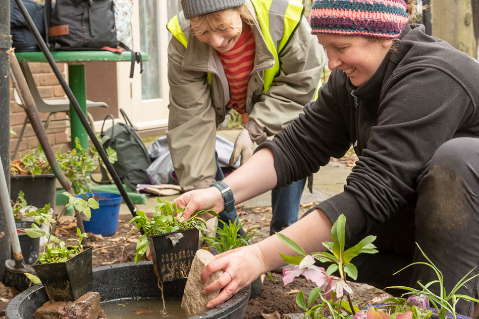 A pair of women crouching down planting seedlings in a garden bed