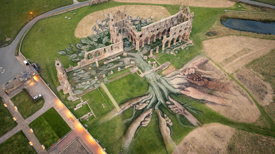 An aerial view of Whitby Abbey with a tree and hands holding the tree's roots painted on the ground around the abbey