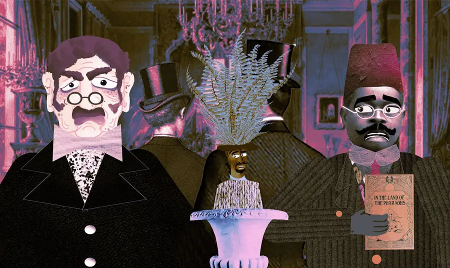 A still from an animation showing two people in a room with high ceilings and a chandelier