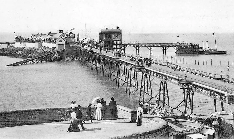 A black and white historial photo of Birnbeck Pier when it was open to visitors