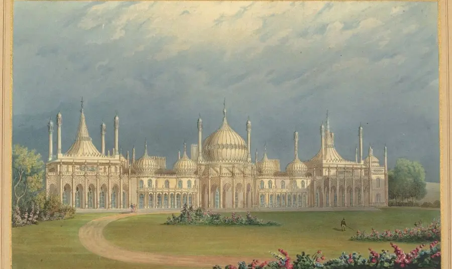 A painted view of the domes and towers of Brighton Pavilion, with the gardens in the foreground.