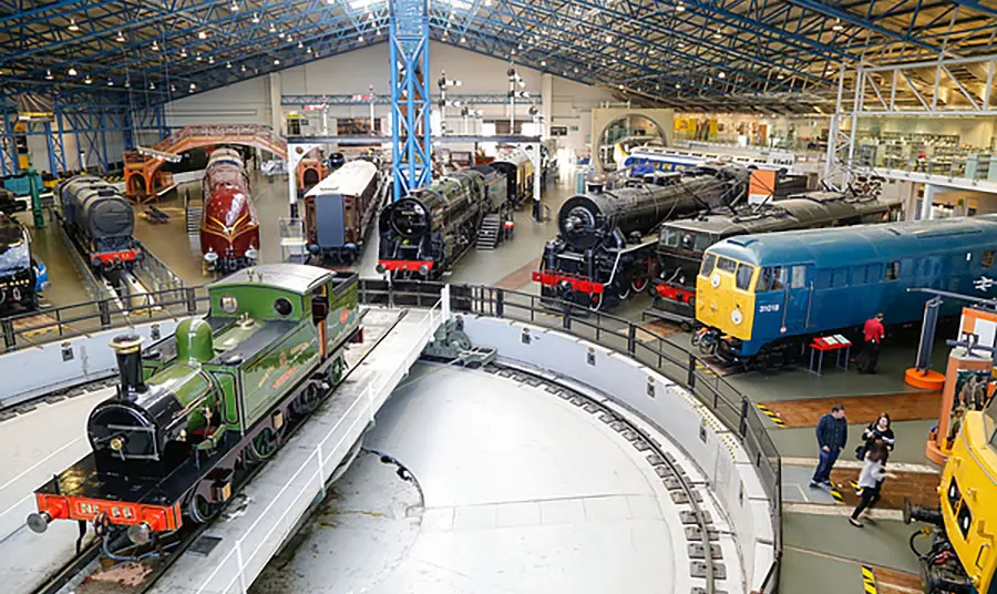 Trains in the National Railway Museum's great hall, viewed from above