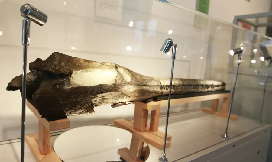 A crocodile skull in a display cabinet