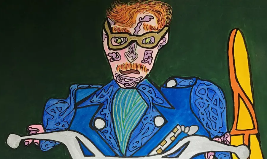 Artwork of head and shoulders of a person in a blue jacket
