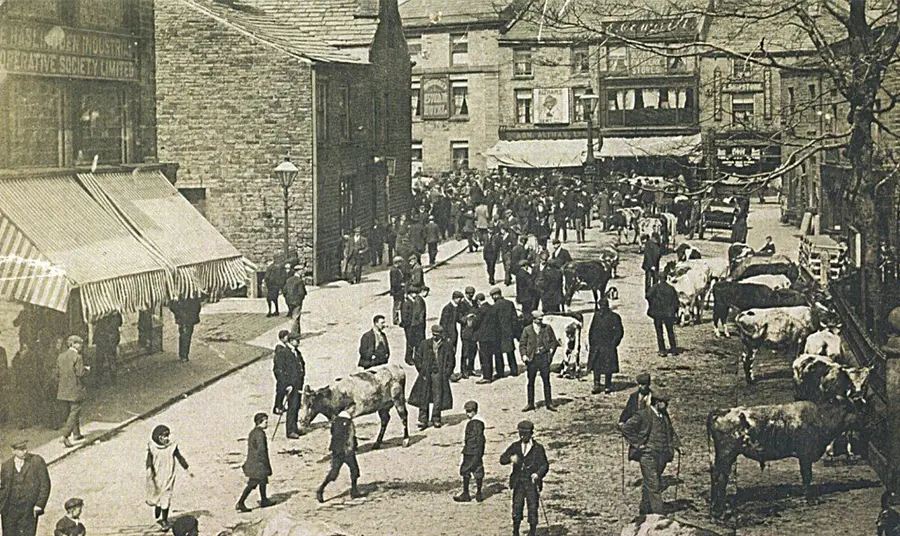 Old photo of a cattle fair in Haslingden