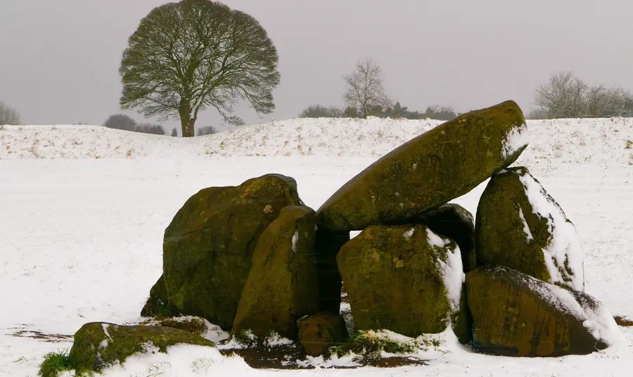 Group of assembled large stones covered in snow, with a tree in the background