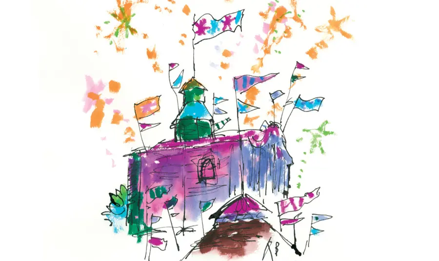 Colourful illustration of water works building with celebration fireworks drawn by Quentin Blake