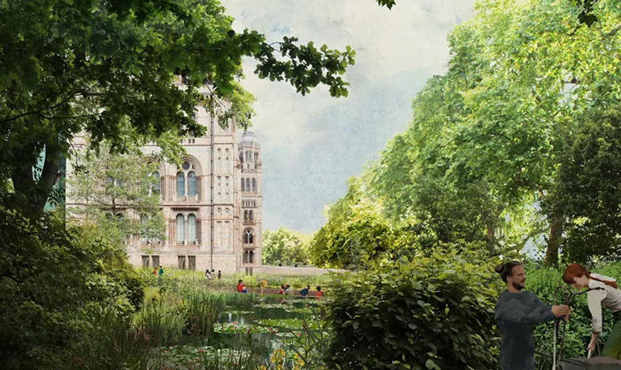 Design visual of people enjoying a garden with trees and pond, outside the Natural History Museum