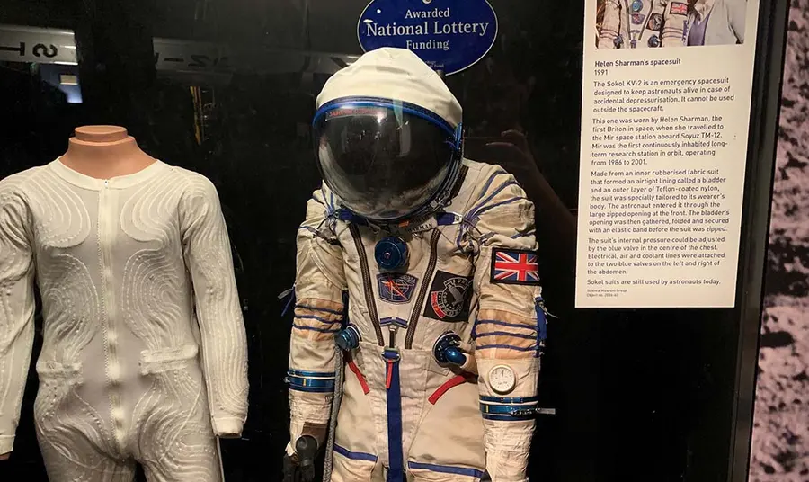 A space suit exhibited in a museum