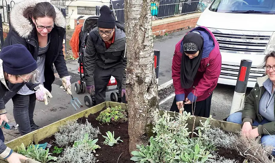 A group of volunteers from diverse ethnic communities gardening in a planter on a street