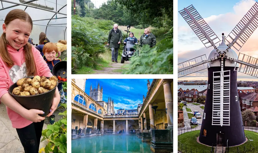 A collage of images featuring children picking vegetables, visitors at a nature reserve, Roman baths and a windmill