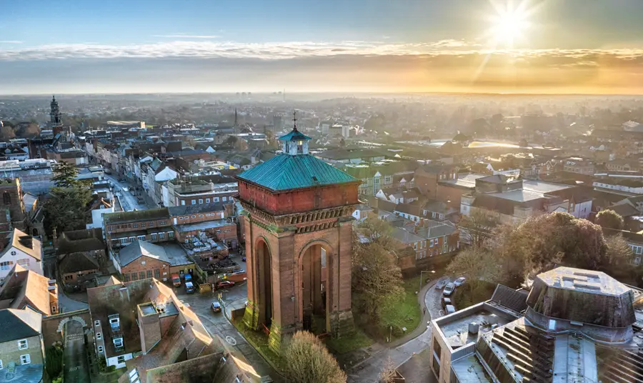 A view from above of the water tower in Colchester, standing high above other buildings