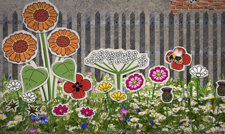 A still from the video showing an animation of wild meadow and pollinating bees.