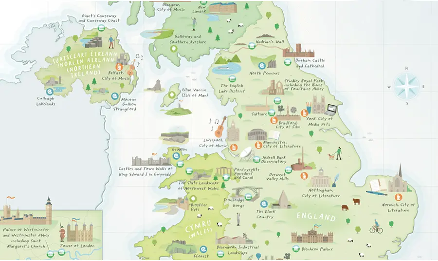 Illustrated map showing 58 UK UNESCO sites