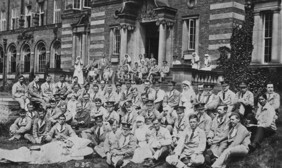 Wounded soldiers convalescing outside a First World War hospital