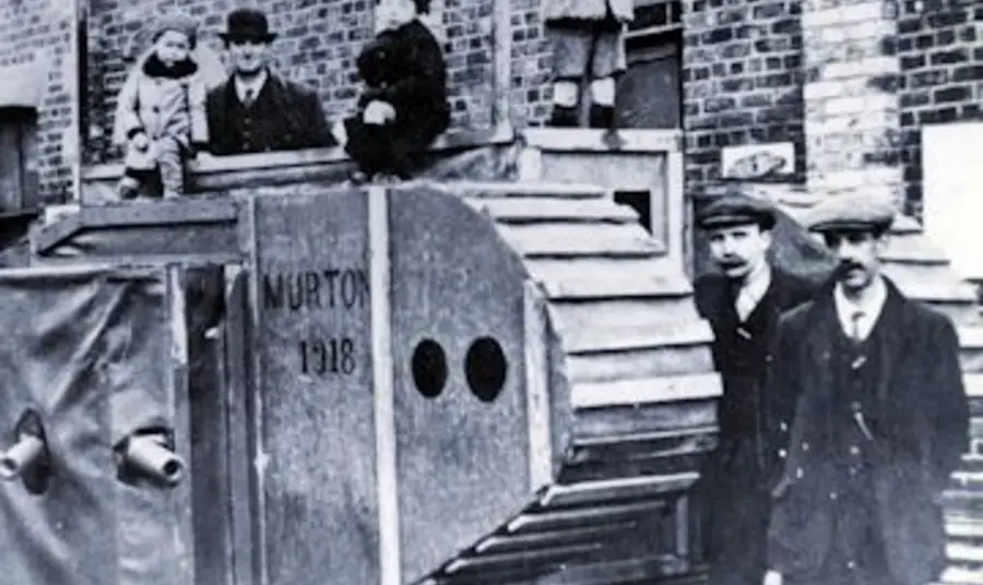 Replica tank outside the Miners’ Hall at Murton, County Durham in 1918. 