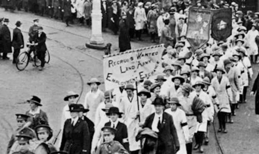 Women's Land Army procession through Bristol in 1918. Image from the book: 'Bristol and the Great War 1914-1919' edited by George F Stone and Charles Wells (1920)