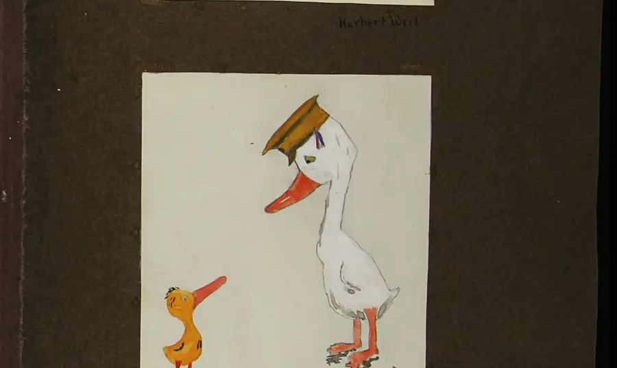 Children's pictures of a zeppelin and a recruiting officer as a duck