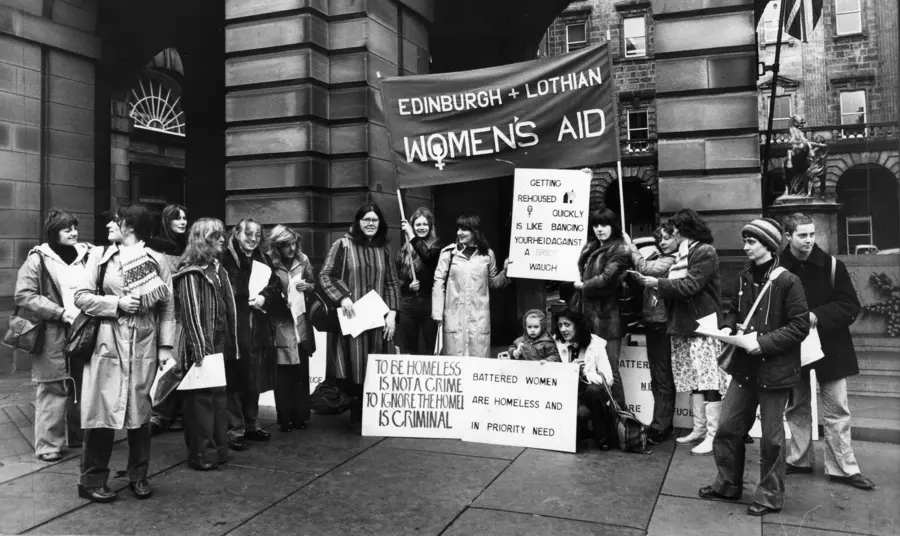 Members of Edinburgh and Lothian Women’s Aid after a protest outside Edinburgh Department of Housing, c. 1980