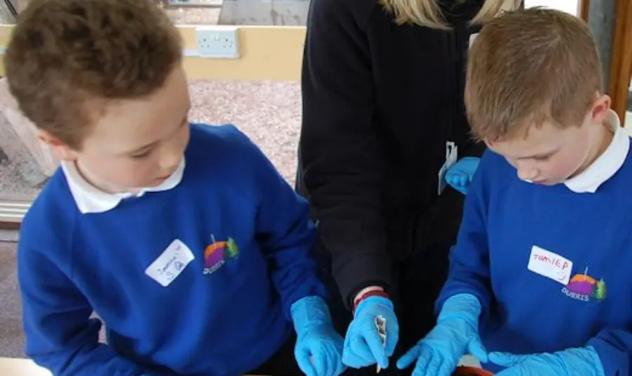 A teacher and pupils getting 'hands on' at Duthie Park