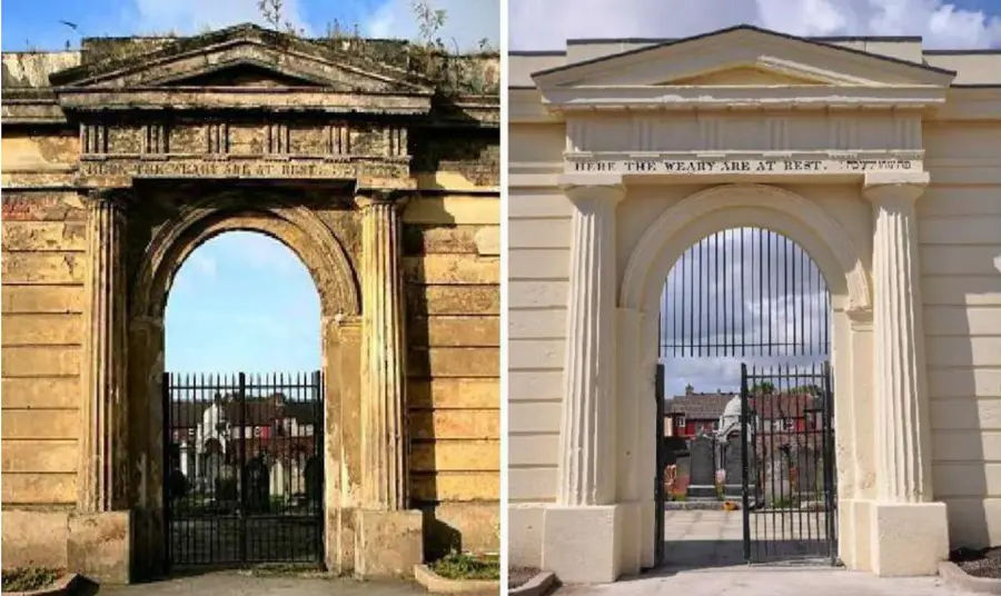 Before and after images of the entrance of Deane Road Cemetery