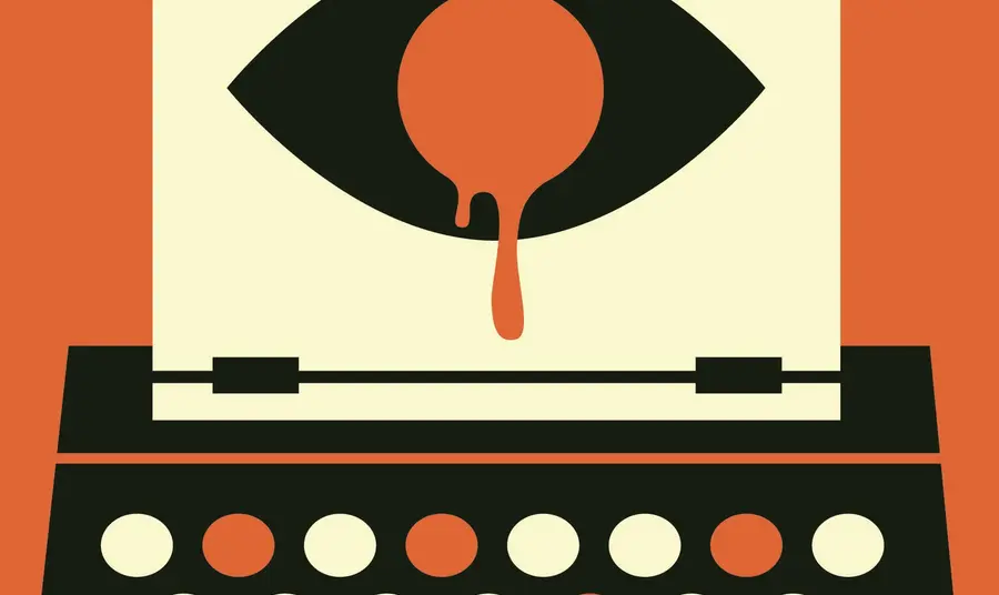 An illustration of a bleeding eye on a page loaded into a typewriter