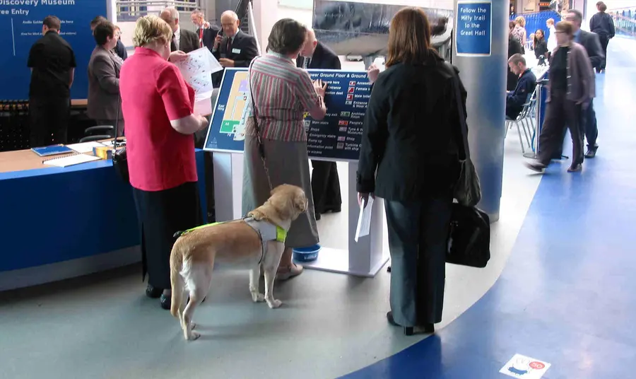 A visitor accompanied by a guide dog uses braille signage