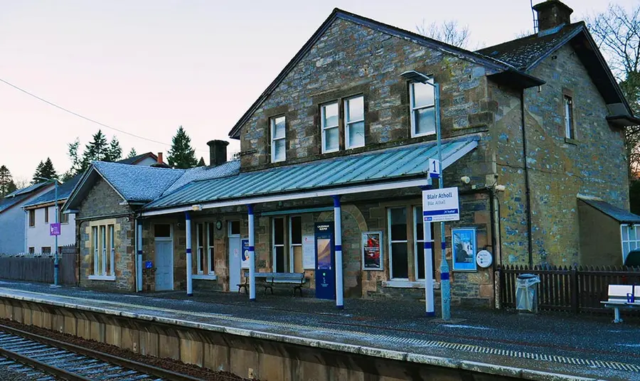 A Victorian railway station building in winter