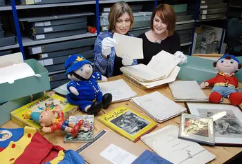 Collections Director Sarah Lawrance and Exhibition Manager Alison Fisher with Enid Blyton archive