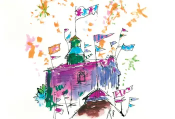 Colourful illustration of water works building with celebration fireworks drawn by Quentin Blake