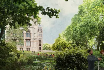 Design visual of people enjoying a garden with trees and pond, outside the Natural History Museum