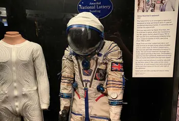 A space suit exhibited in a museum