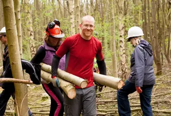 Two people carrying three cut tree trunks through a woodland.