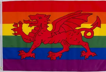 A national Welsh flag with rainbow background.