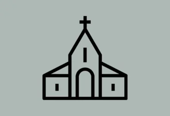 A black outline of a church on a grey background.