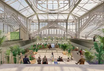 Computer render of the refurbished Winter Gardens: and iron and glass building with open spaces, lush plants and visitors.