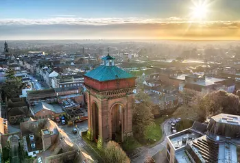 A view from above of the water tower in Colchester, standing high above other buildings