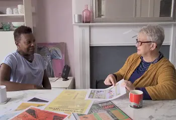 Jan Pimblett, recently retired from the London Metropolitan Archives, and Veronica McKenzie, from the Haringey Vanguard BAME LGBT+ project talking at the kitchen table