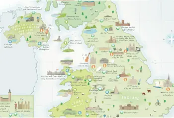 Illustrated map showing 58 UK UNESCO sites