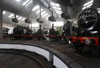 Locomotives line up inside the Barrow Hill Roundhouse