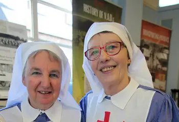 Anne Wall and Eileen Brereton in costume as First World War Red Cross nurses