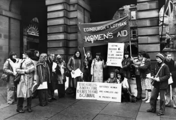 Members of Edinburgh and Lothian Women’s Aid after a protest outside Edinburgh Department of Housing, c. 1980