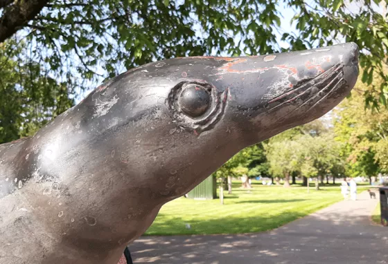 Close-up of the Billy the Seal statue