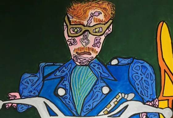 Artwork of head and shoulders of a person in a blue jacket 