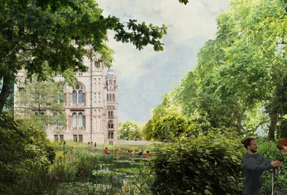 Design visual of people enjoying a garden with trees and pond, outside the Natural History Museum