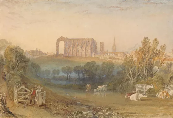 Landscape painting showing ruins of an abbey with cattle in the foreground