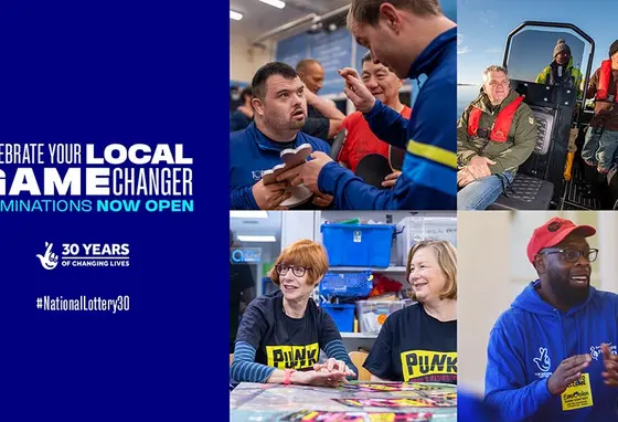 A collage of photos from different National Lottery projects including people on a speedboat and a person clapping, next to text: Celebrate your local game changer, nominations now open, 30 years of changing live, #National Lottery 30