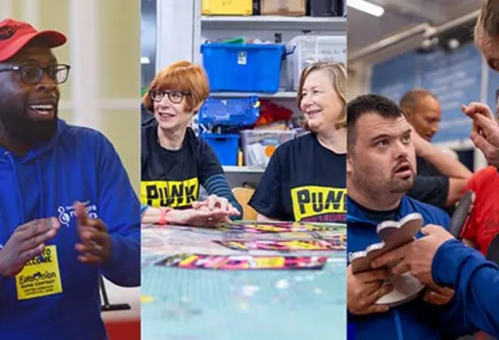 A collage of photos including a man clapping, two people sitting around a table and two people holding a national lottery award